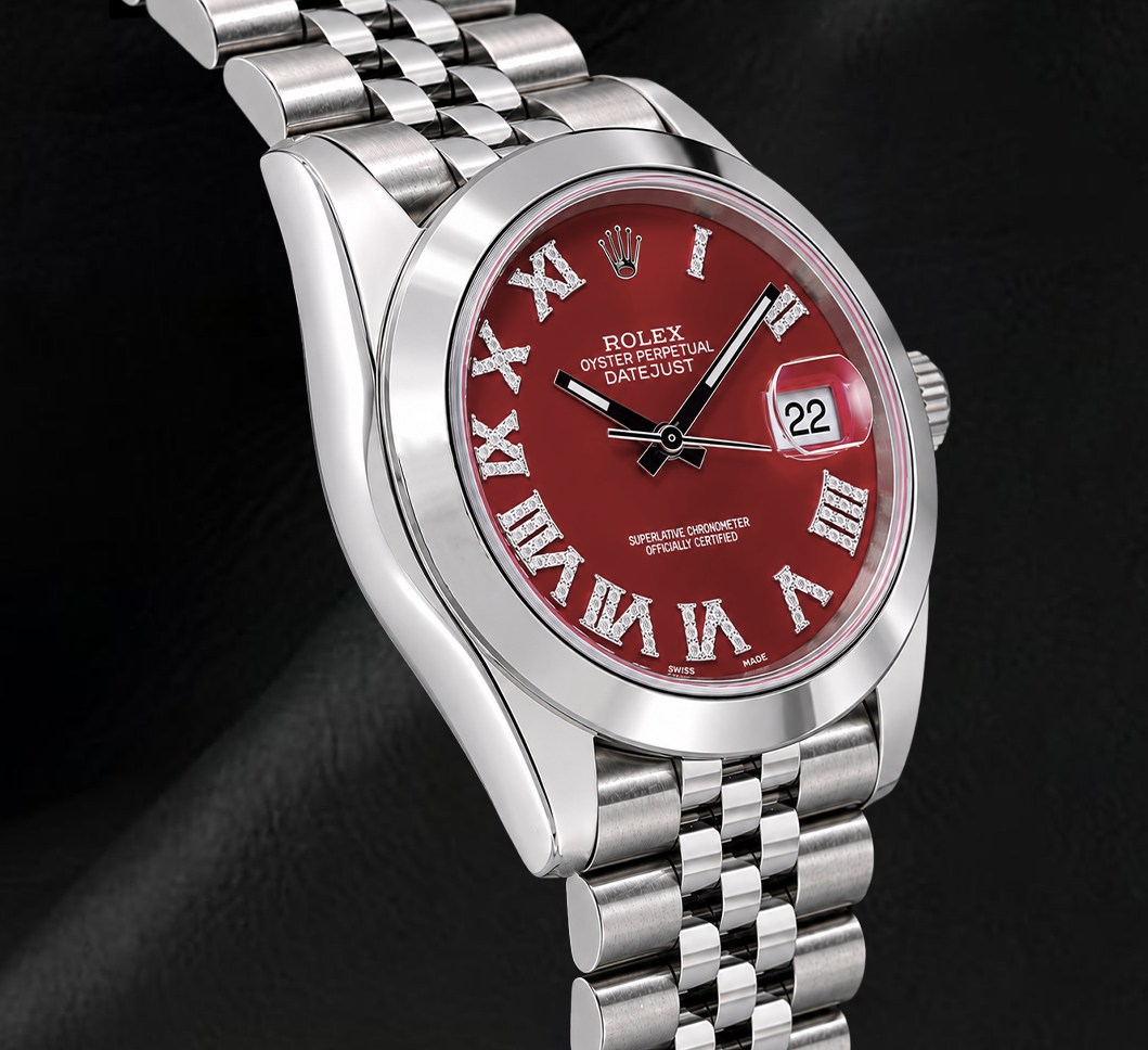 Rolex Datejust 126300 41 mm Edelstahluhr mit rotem Diamantzifferblatt und römischen Ziffern