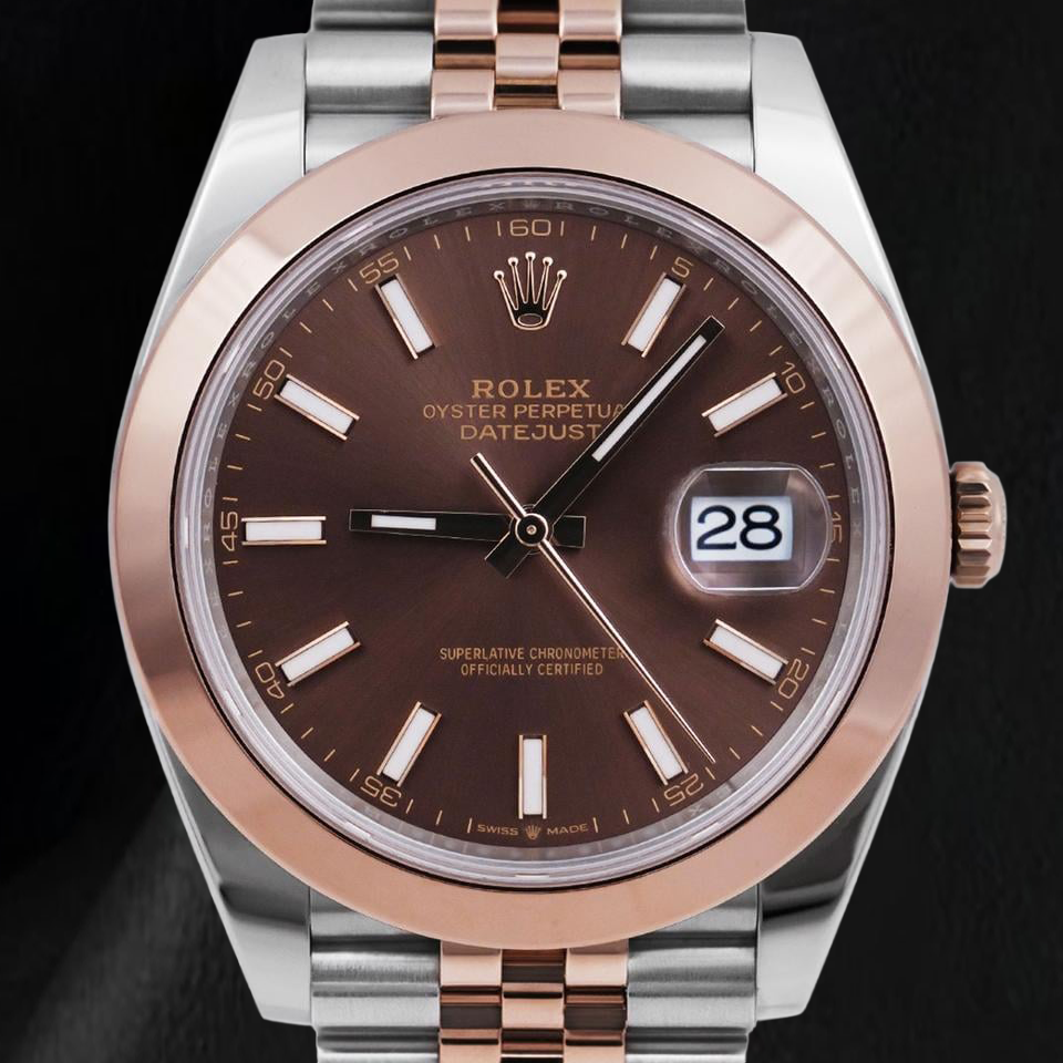 Rolex Datejust 126301 41 mm Bicolor-Uhr, schokoladenbraunes Zifferblatt mit Stabindizes