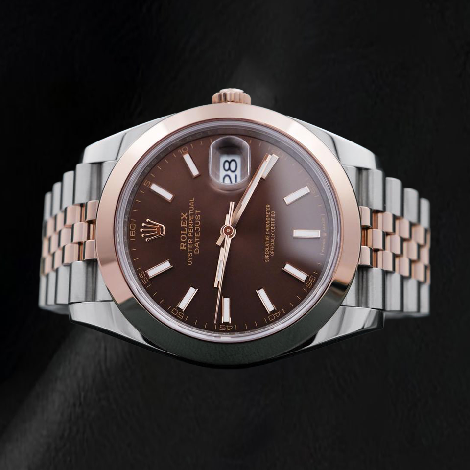 Rolex Datejust 126301 41 mm Bicolor-Uhr, schokoladenbraunes Zifferblatt mit Stabindizes