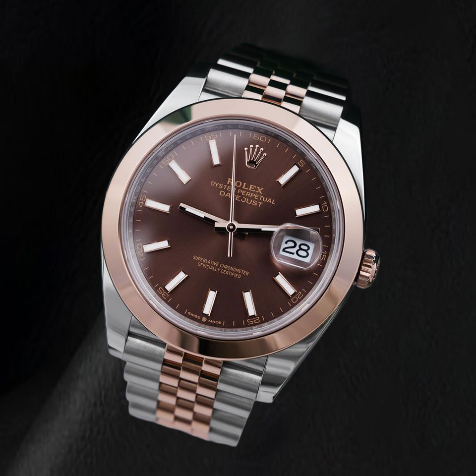 Rolex Datejust 126301 41 mm Bicolor-Uhr, schokoladenbraunes Zifferblatt mit Stabindizes