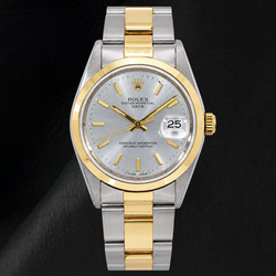 Rolex Datejust 15223 34 mm Bicolor-Uhr, silbernes Zifferblatt mit Stabindizes