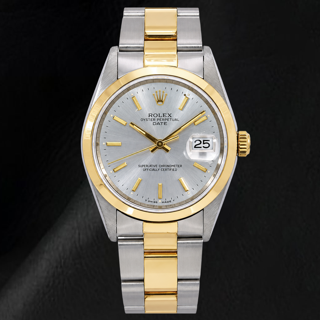 Rolex Datejust 15223 34 mm Bicolor-Uhr, silbernes Zifferblatt mit Stabindizes