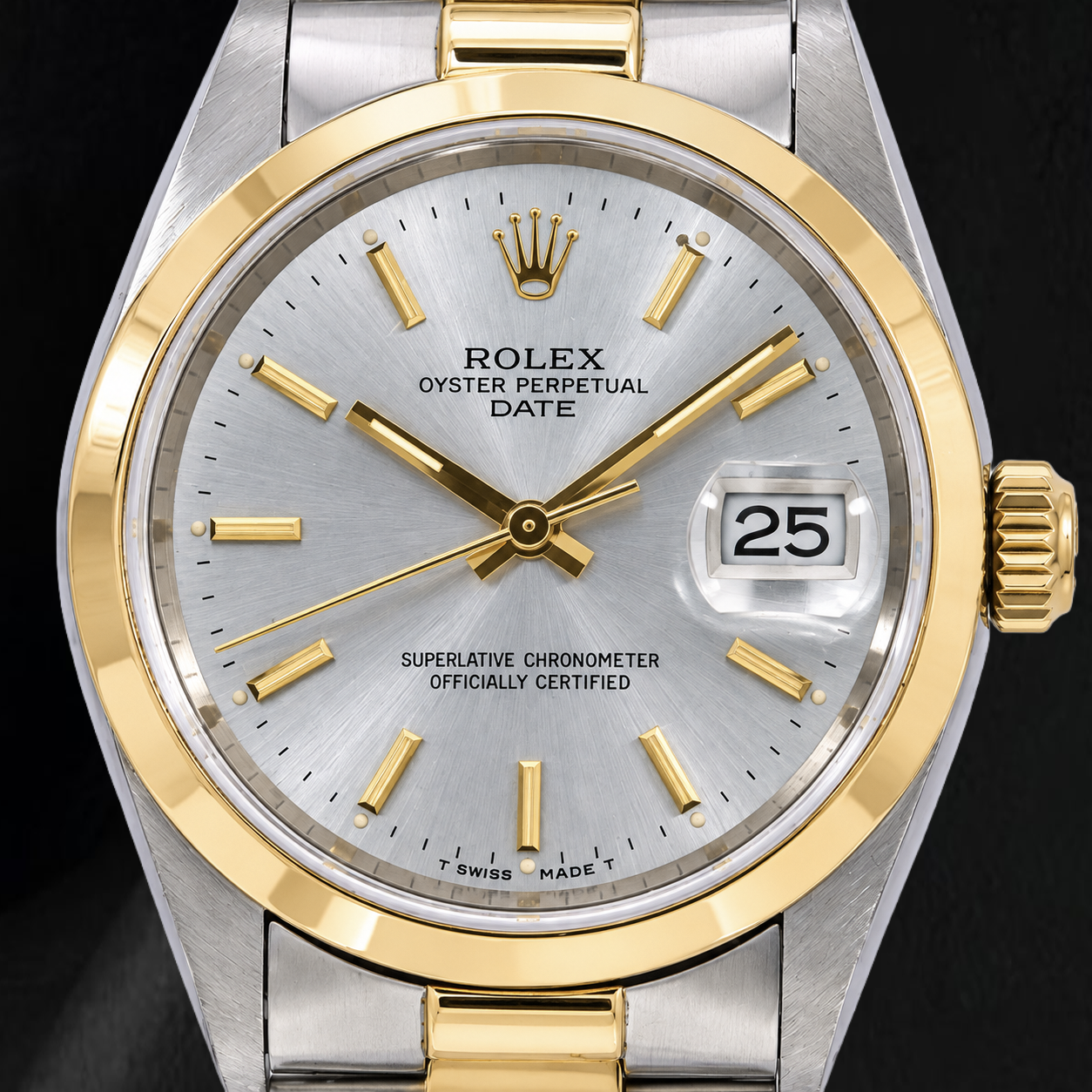 Rolex Datejust 15223 34 mm Bicolor-Uhr, silbernes Zifferblatt mit Stabindizes