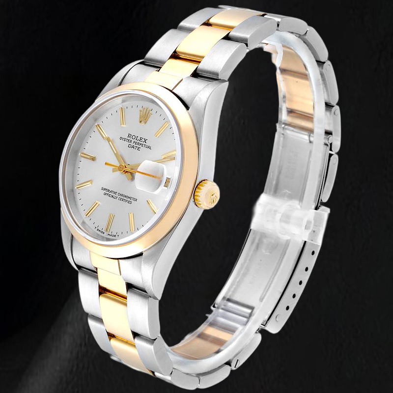 Rolex Datejust 15223 34 mm Bicolor-Uhr, silbernes Zifferblatt mit Stabindizes