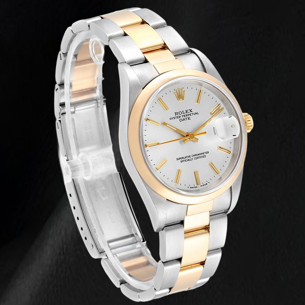 Rolex Datejust 15223 34 mm Bicolor-Uhr, silbernes Zifferblatt mit Stabindizes