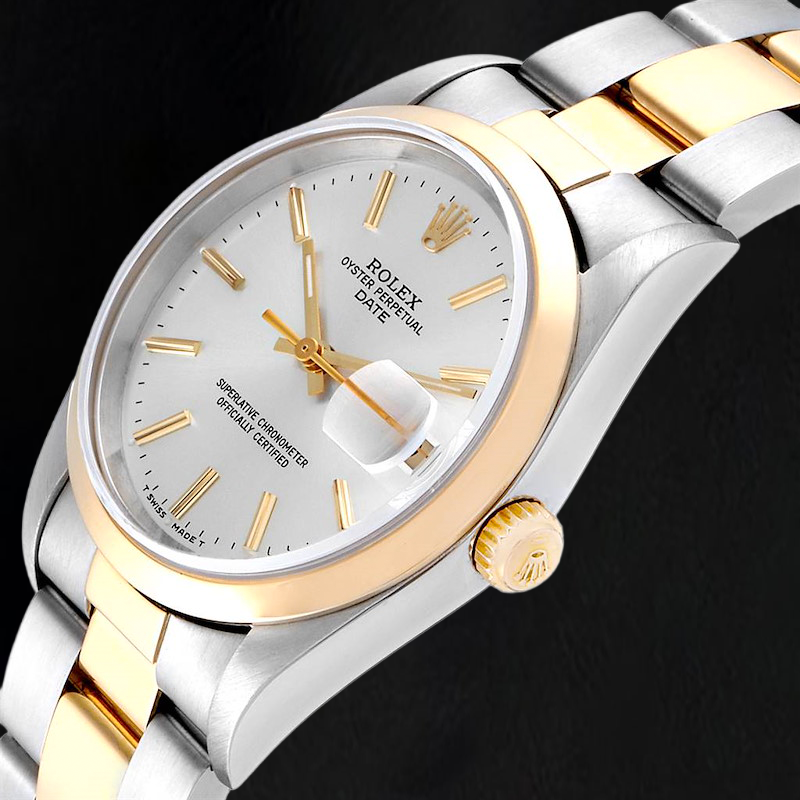 Rolex Datejust 15223 34 mm Bicolor-Uhr, silbernes Zifferblatt mit Stabindizes
