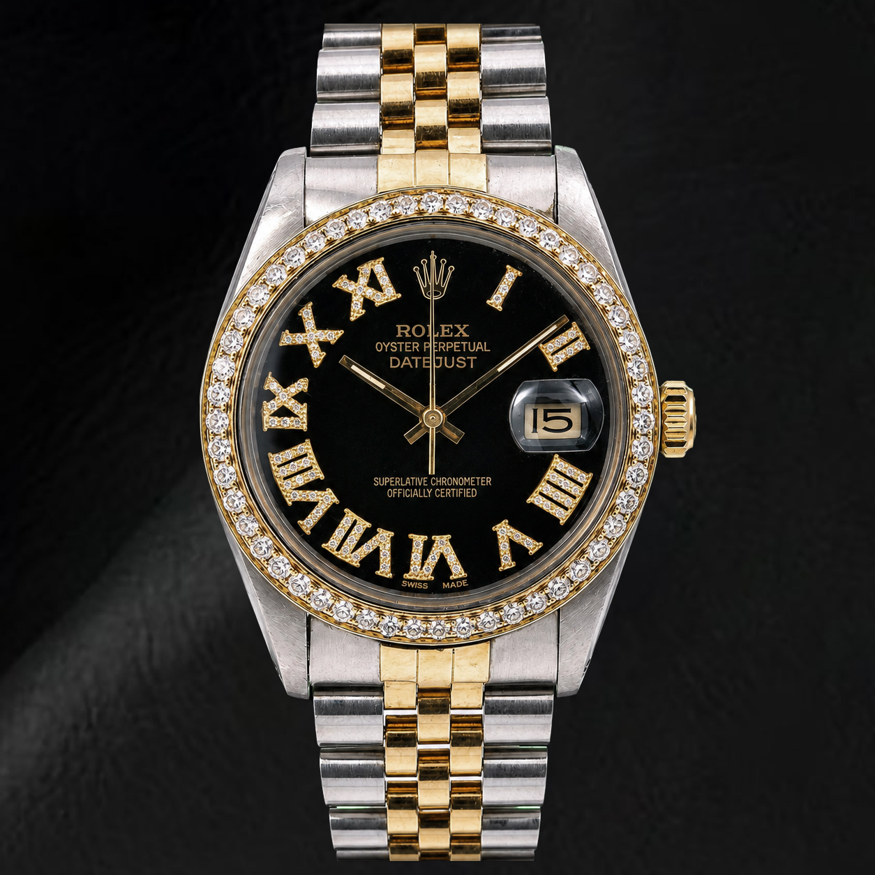 Rolex Datejust 16013 36 mm Bicolor Uhr mit schwarzem römischem Diamantzifferblatt