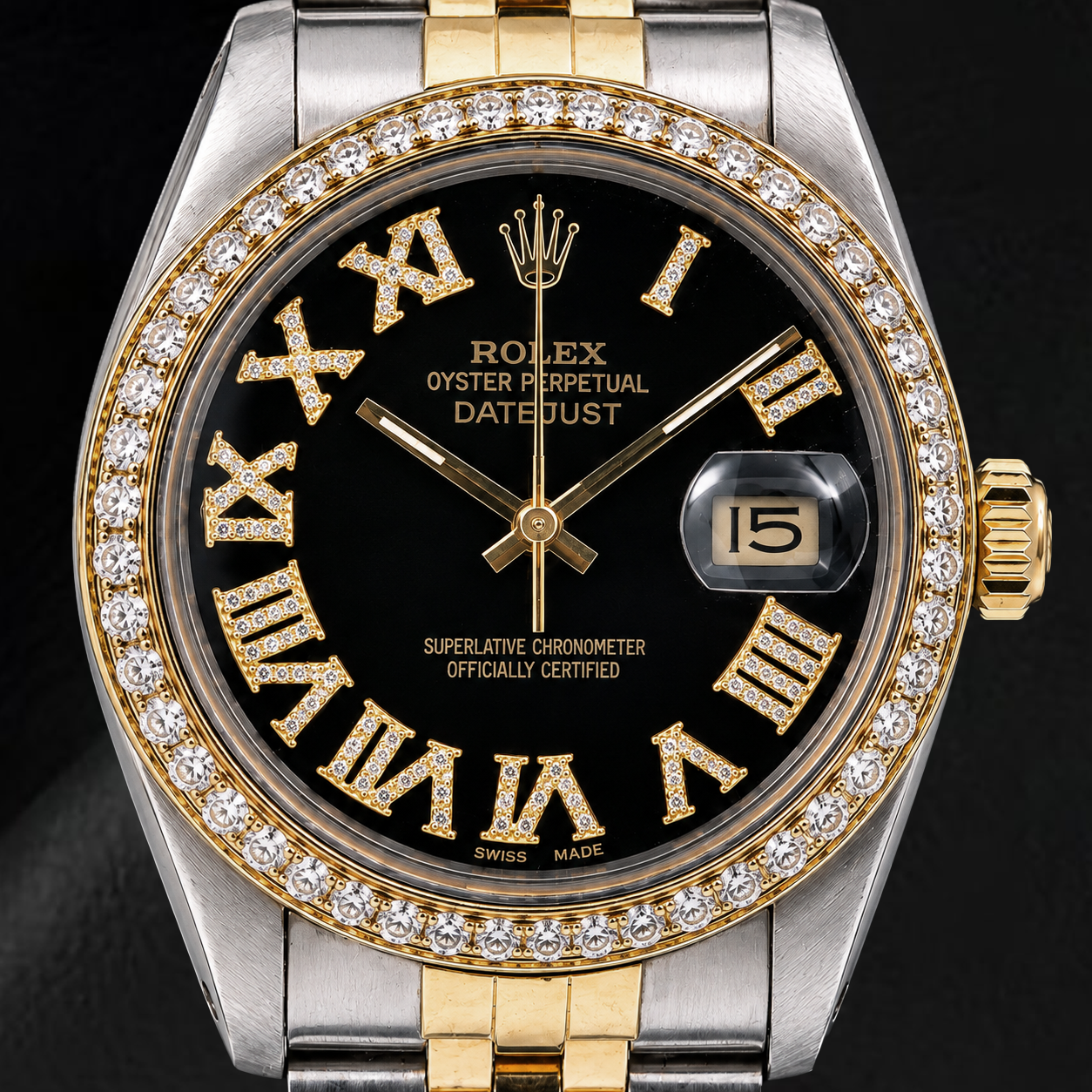 Rolex Datejust 16013 36 mm Bicolor Uhr mit schwarzem römischem Diamantzifferblatt