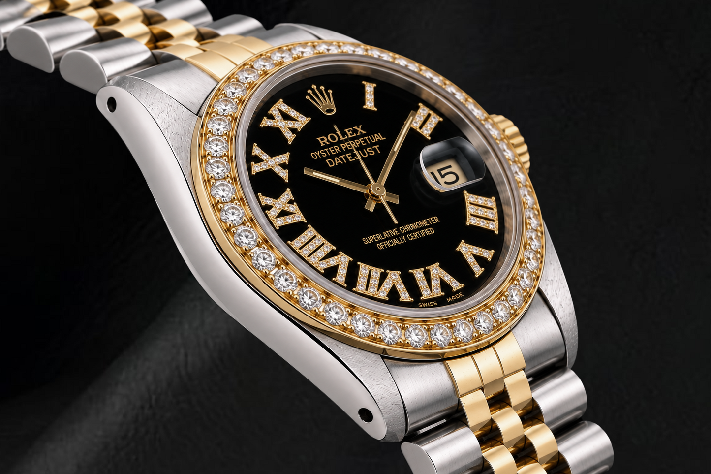 Rolex Datejust 16013 36 mm Bicolor Uhr mit schwarzem römischem Diamantzifferblatt