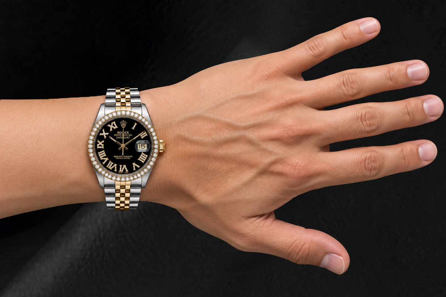 Rolex Datejust 16013 36 mm Bicolor Uhr mit schwarzem römischem Diamantzifferblatt