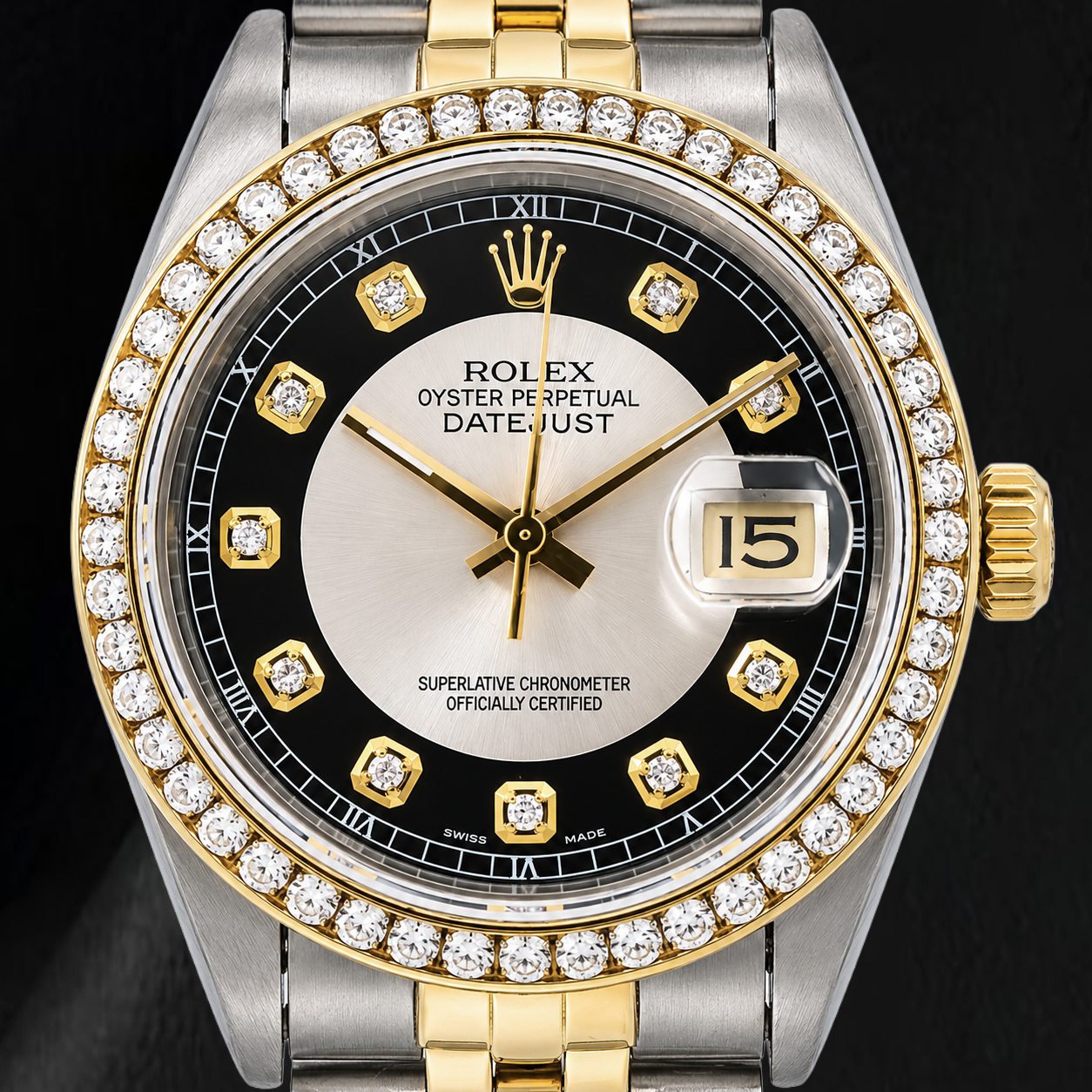 Rolex Datejust 16013 36 mm Bicolor-Uhr mit schwarzem Smoking-Diamantzifferblatt