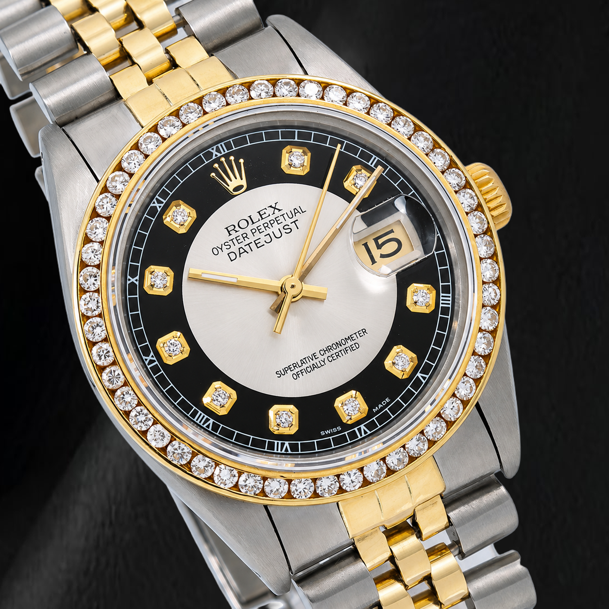 Rolex Datejust 16013 36 mm Bicolor-Uhr mit schwarzem Smoking-Diamantzifferblatt