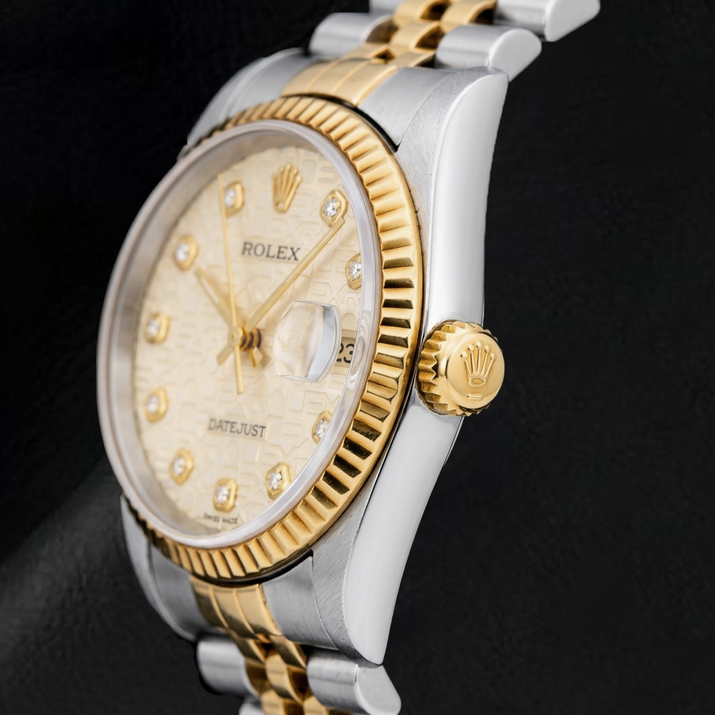 Rolex Datejust 16013 36 mm Bicolor Uhr mit elfenbeinfarbenem Jubilé-Diamantzifferblatt