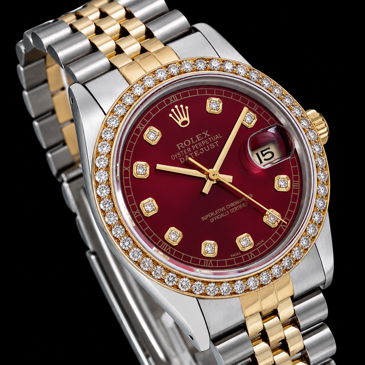Rolex Datejust 16013 36 mm Rotes Diamantzifferblatt Jubilé-Armband Bicolor Uhr