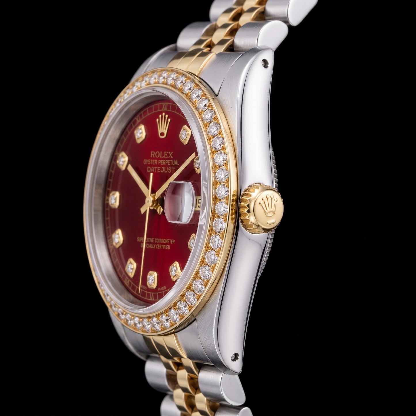 Rolex Datejust 16013 36 mm Rotes Diamantzifferblatt Jubilé-Armband Bicolor Uhr