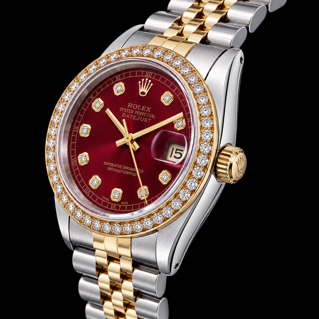 Rolex Datejust 16013 36 mm Rotes Diamantzifferblatt Jubilé-Armband Bicolor Uhr