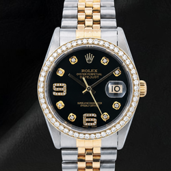Rolex Datejust 16013 Bicolor Uhr 36 mm mit schwarzem Diamantzifferblatt und arabischen Ziffern
