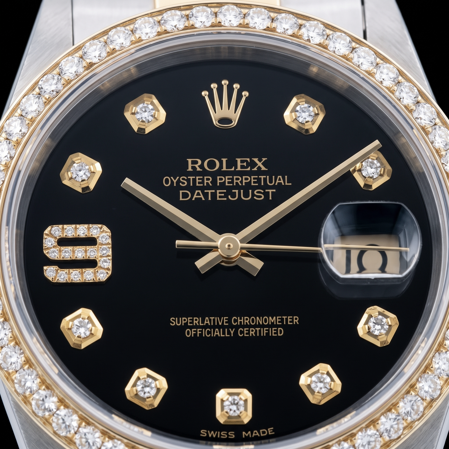 Rolex Datejust 16013 Bicolor Uhr 36 mm mit schwarzem Diamantzifferblatt und arabischen Ziffern