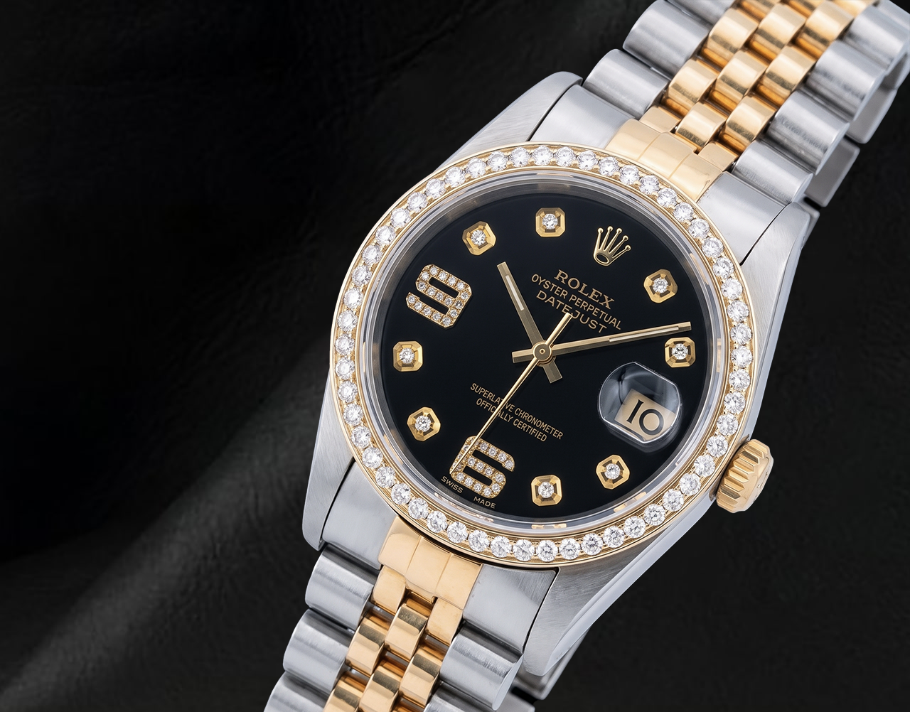 Rolex Datejust 16013 Bicolor Uhr 36 mm mit schwarzem Diamantzifferblatt und arabischen Ziffern