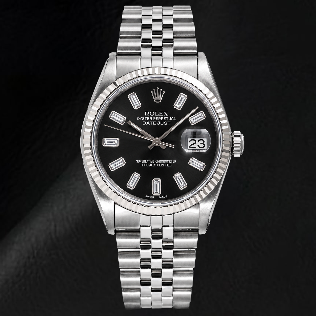 Rolex Datejust 16014 36 mm Edelstahl Armbanduhr mit schwarzem Baguette-Diamantzifferblatt