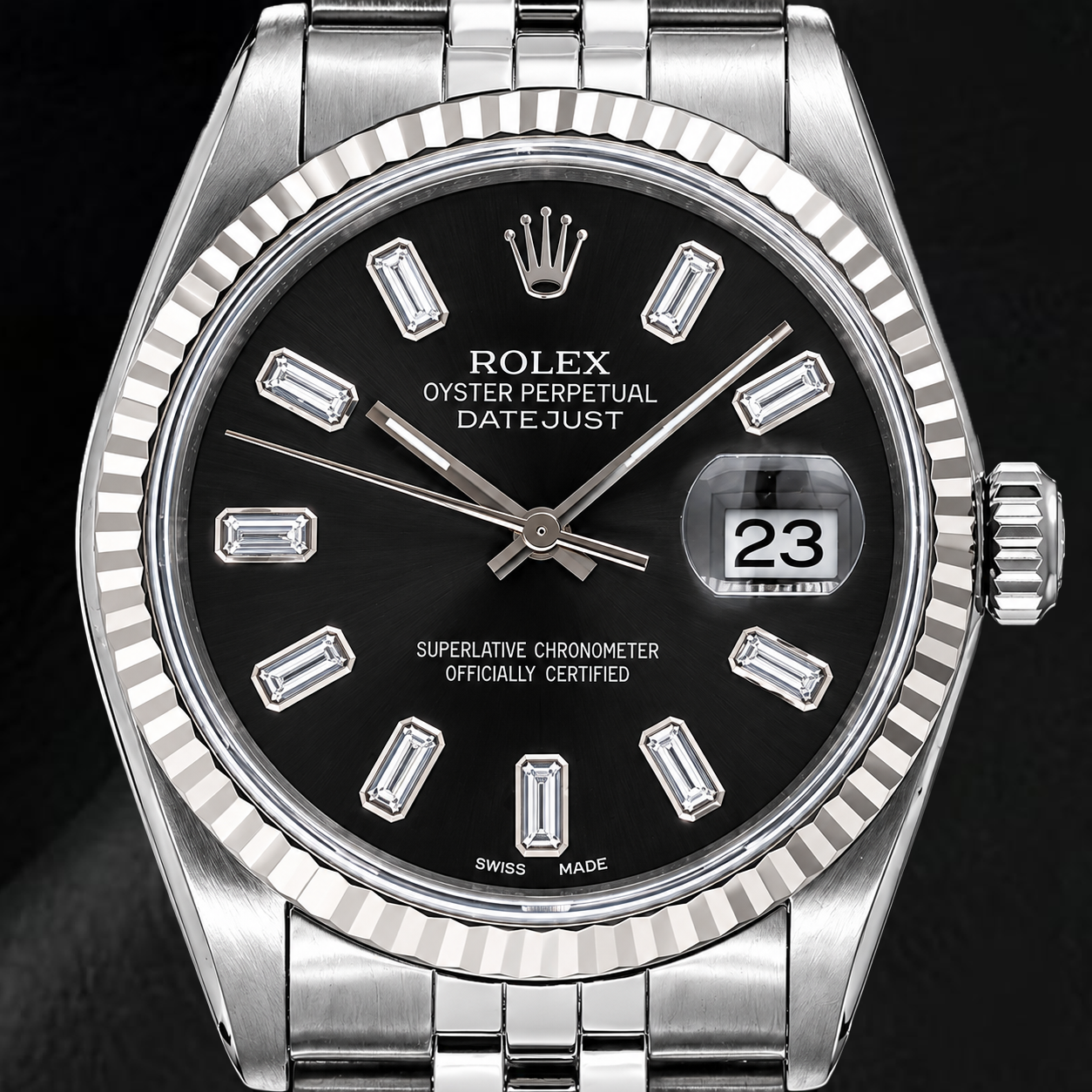 Rolex Datejust 16014 36 mm Edelstahl Armbanduhr mit schwarzem Baguette-Diamantzifferblatt