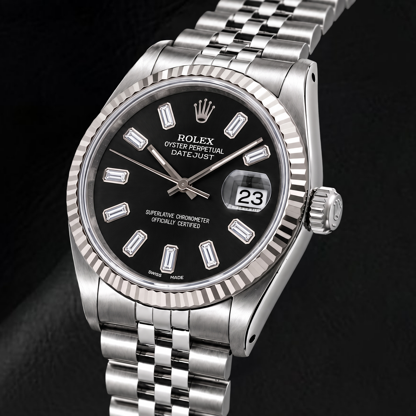 Rolex Datejust 16014 36 mm Edelstahl Armbanduhr mit schwarzem Baguette-Diamantzifferblatt