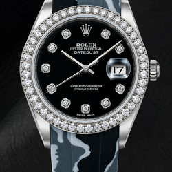 Rolex Datejust 16014 36 mm Uhr mit schwarzem Diamantzifferblatt und grauem Camouflage-Kautschukarmband