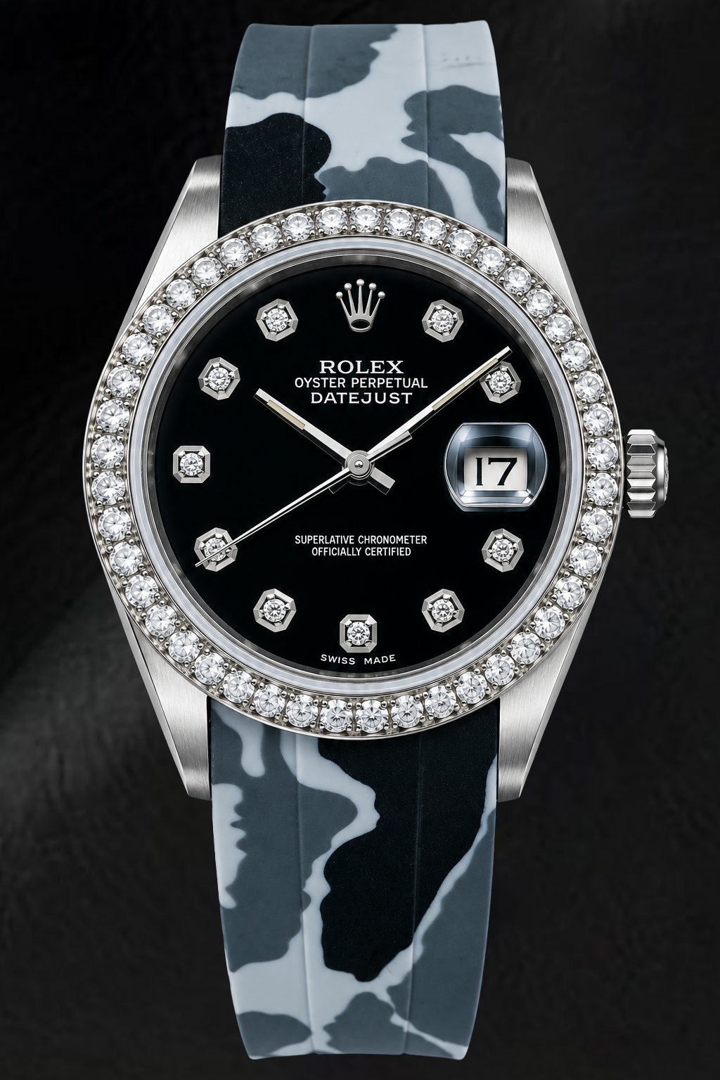 Rolex Datejust 16014 36 mm Uhr mit schwarzem Diamantzifferblatt und grauem Camouflage-Kautschukarmband