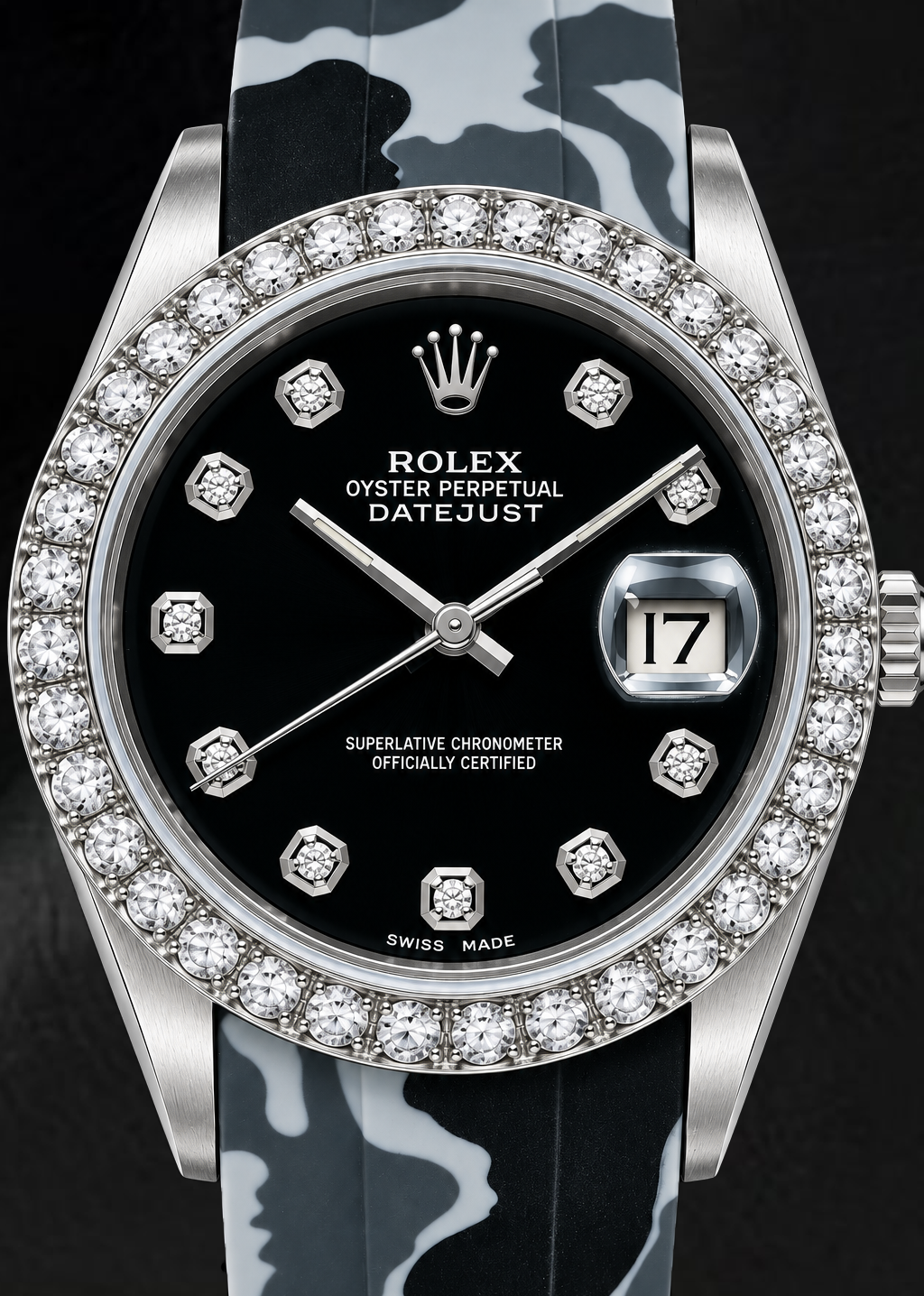 Rolex Datejust 16014 36 mm Uhr mit schwarzem Diamantzifferblatt und grauem Camouflage-Kautschukarmband