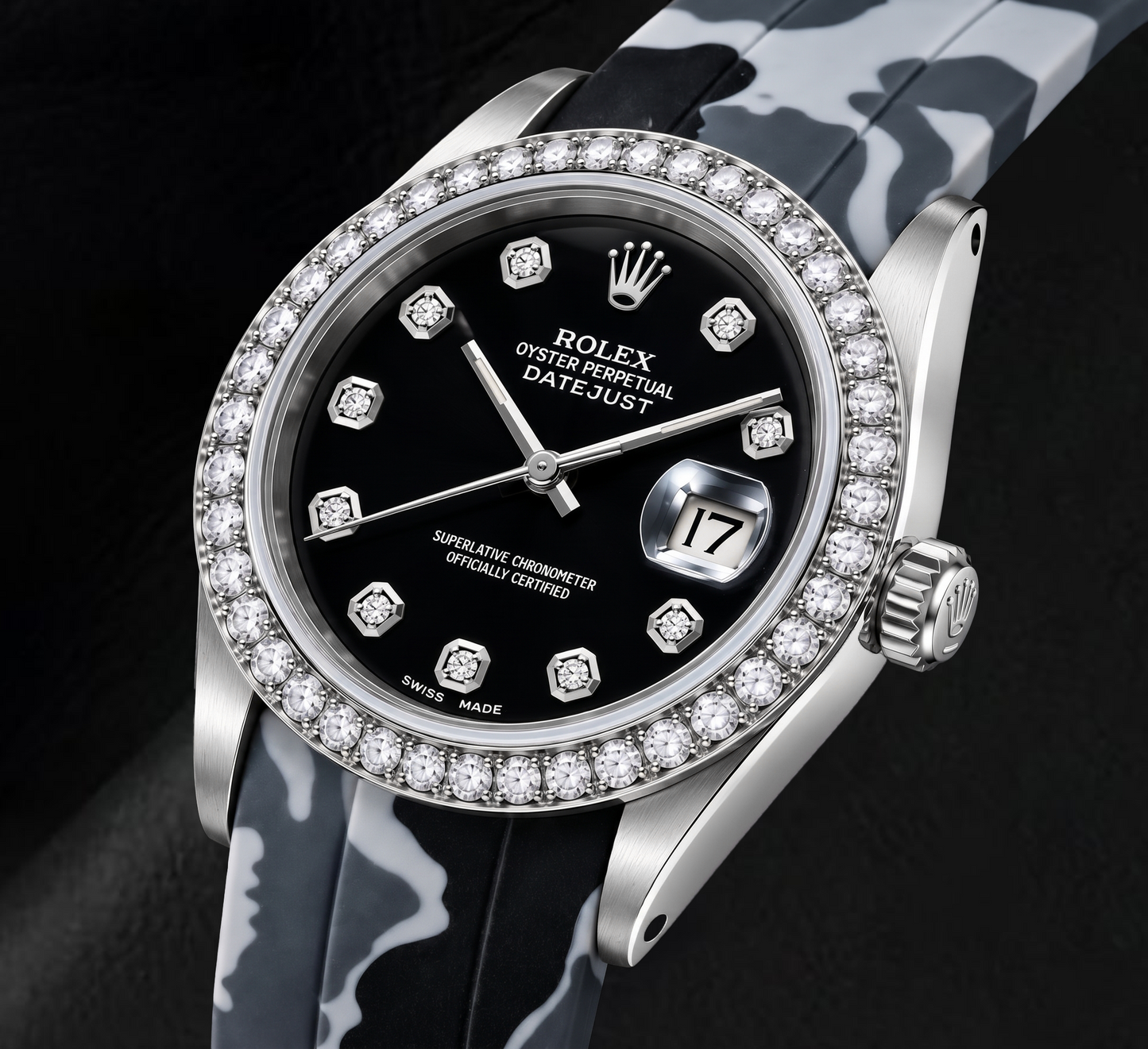 Rolex Datejust 16014 36 mm Uhr mit schwarzem Diamantzifferblatt und grauem Camouflage-Kautschukarmband