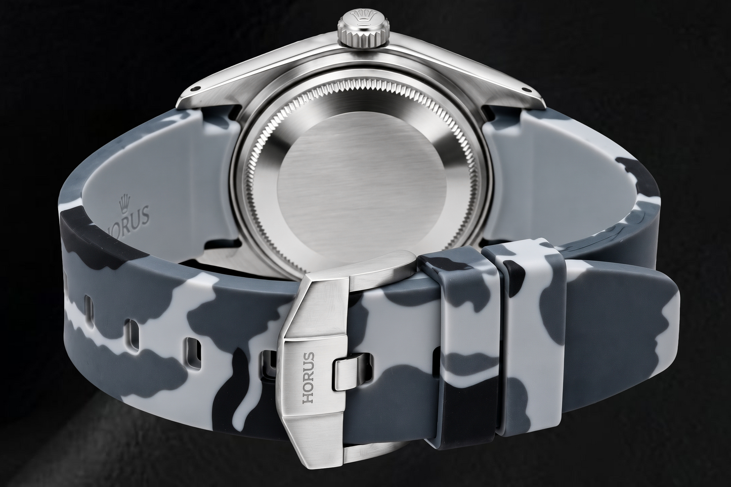 Rolex Datejust 16014 36 mm Uhr mit schwarzem Diamantzifferblatt und grauem Camouflage-Kautschukarmband