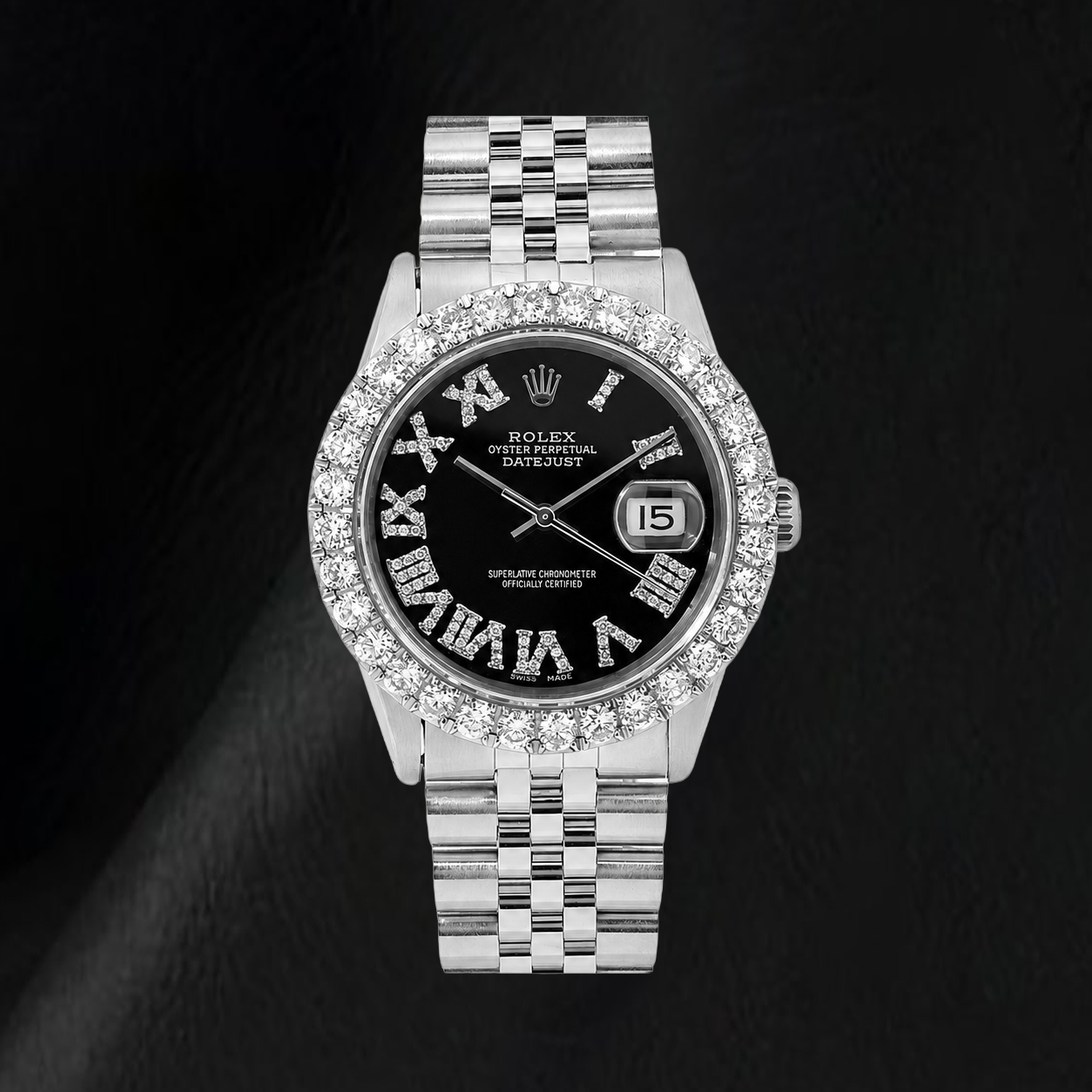 Rolex Datejust 16014 36 mm Edelstahl Uhr mit schwarzem Diamantzifferblatt und römischen Ziffern