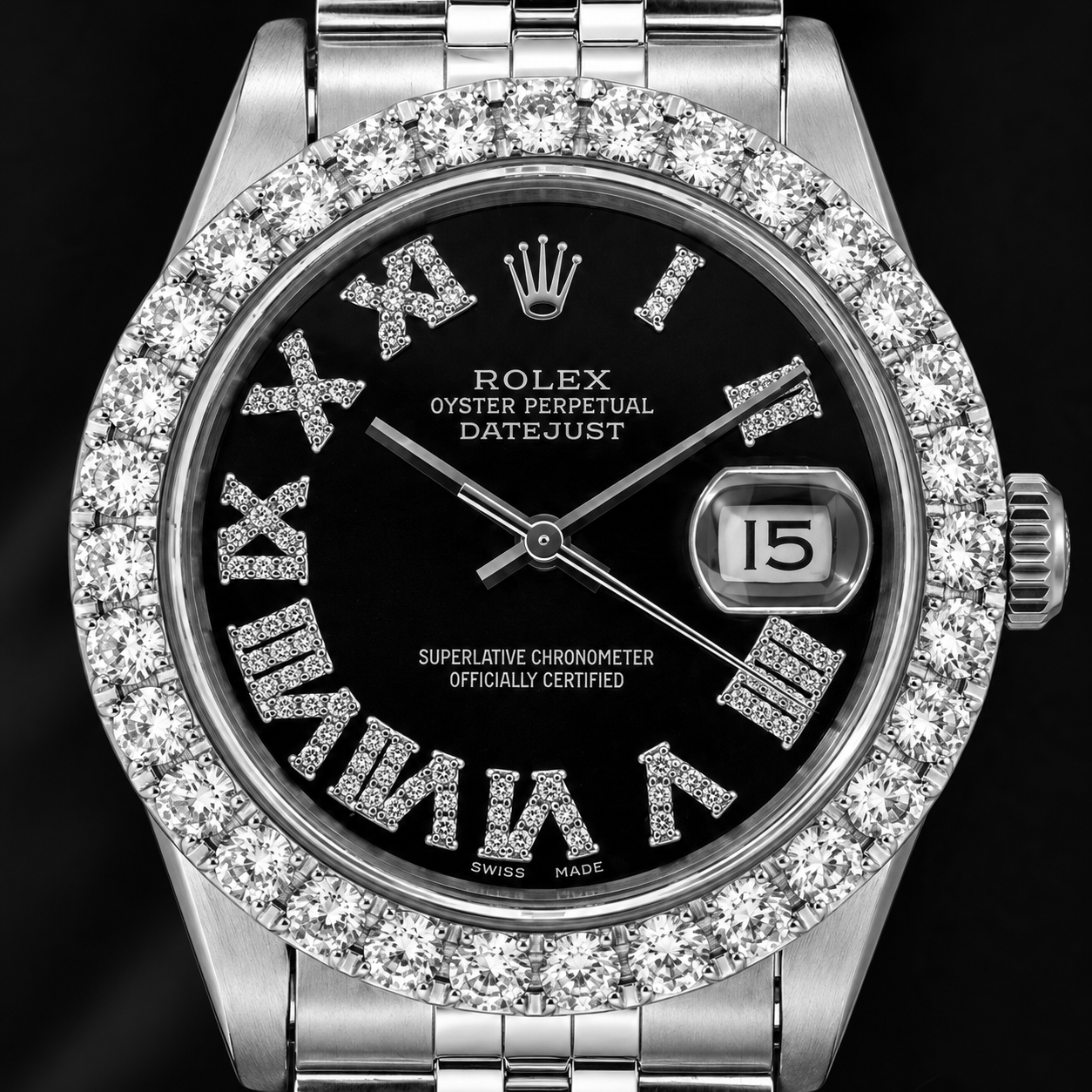 Rolex Datejust 16014 36 mm Edelstahl Uhr mit schwarzem Diamantzifferblatt und römischen Ziffern
