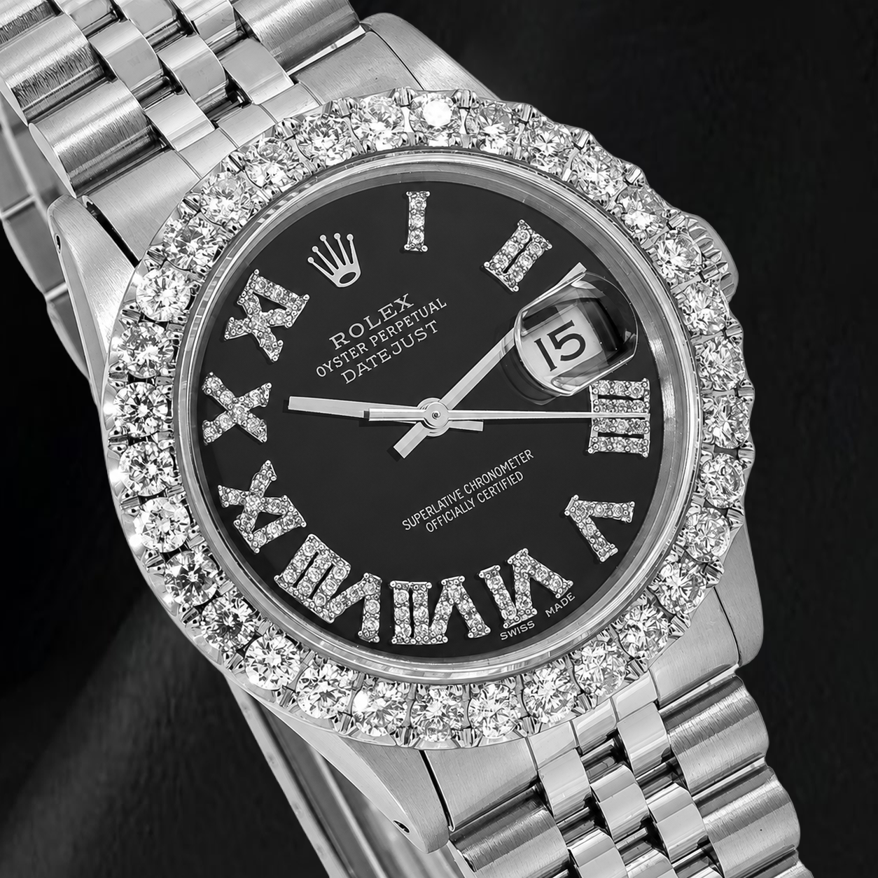Rolex Datejust 16014 36 mm Edelstahl Uhr mit schwarzem Diamantzifferblatt und römischen Ziffern