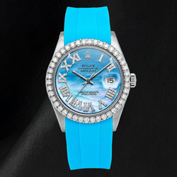 Rolex Datejust 16014 36 mm Uhr mit blauem Perlmutt-Diamantzifferblatt, römischen Ziffern und Kautschukarmband
