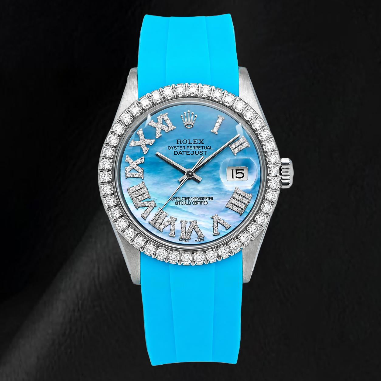 Rolex Datejust 16014 36 mm Uhr mit blauem Perlmutt-Diamantzifferblatt, römischen Ziffern und Kautschukarmband