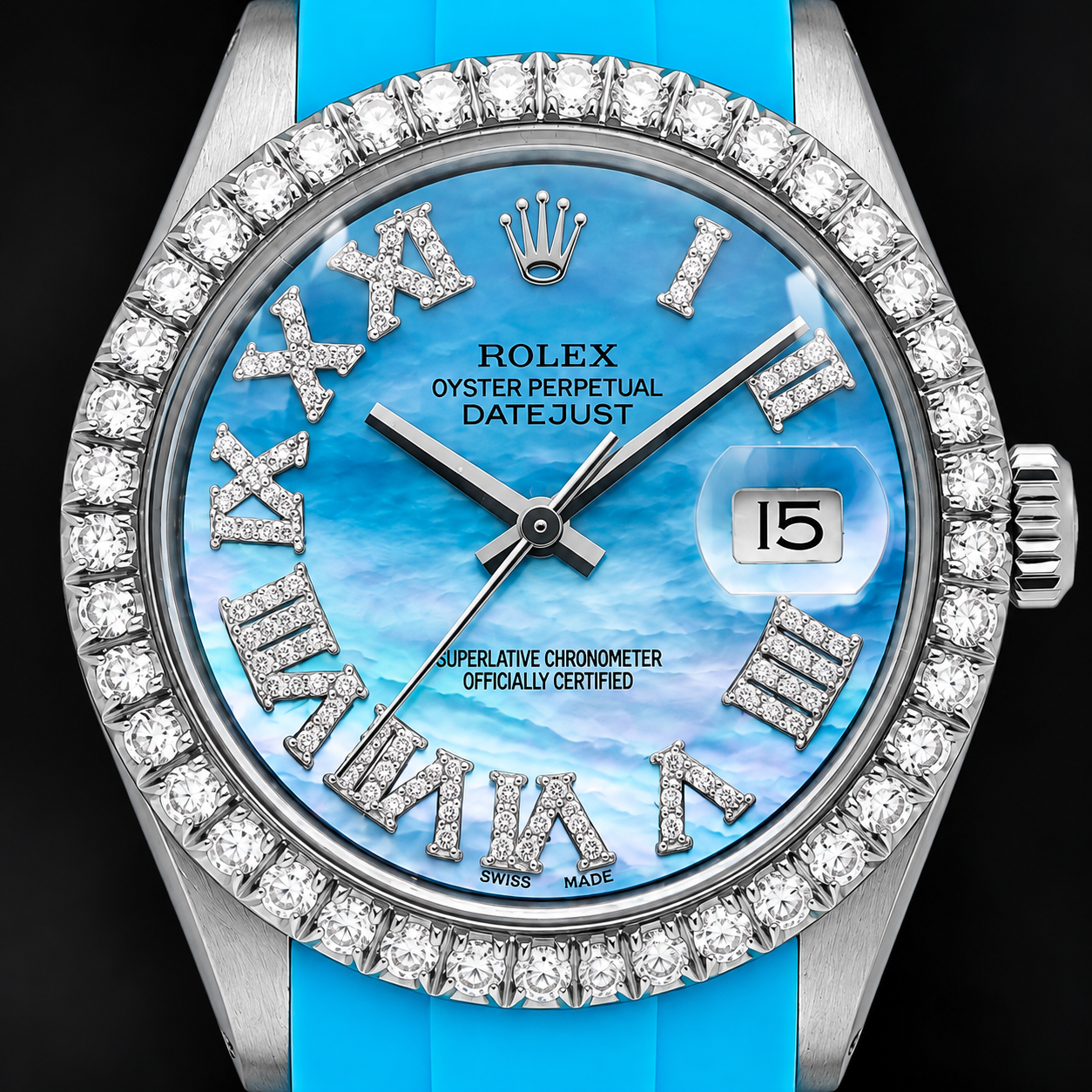 Rolex Datejust 16014 36 mm Uhr mit blauem Perlmutt-Diamantzifferblatt, römischen Ziffern und Kautschukarmband