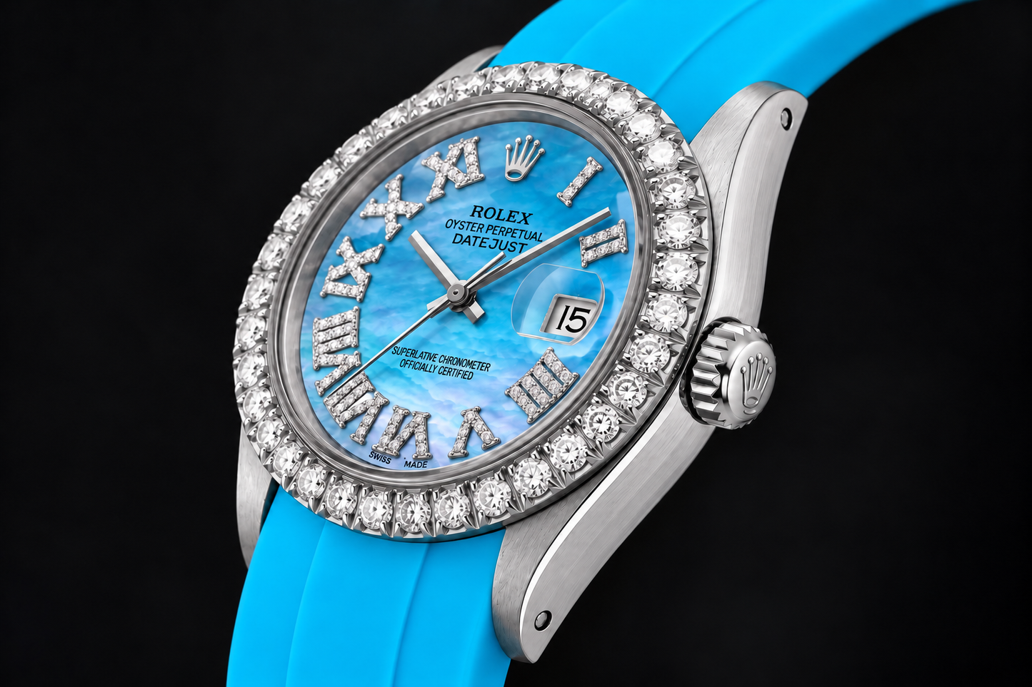 Rolex Datejust 16014 36 mm Uhr mit blauem Perlmutt-Diamantzifferblatt, römischen Ziffern und Kautschukarmband
