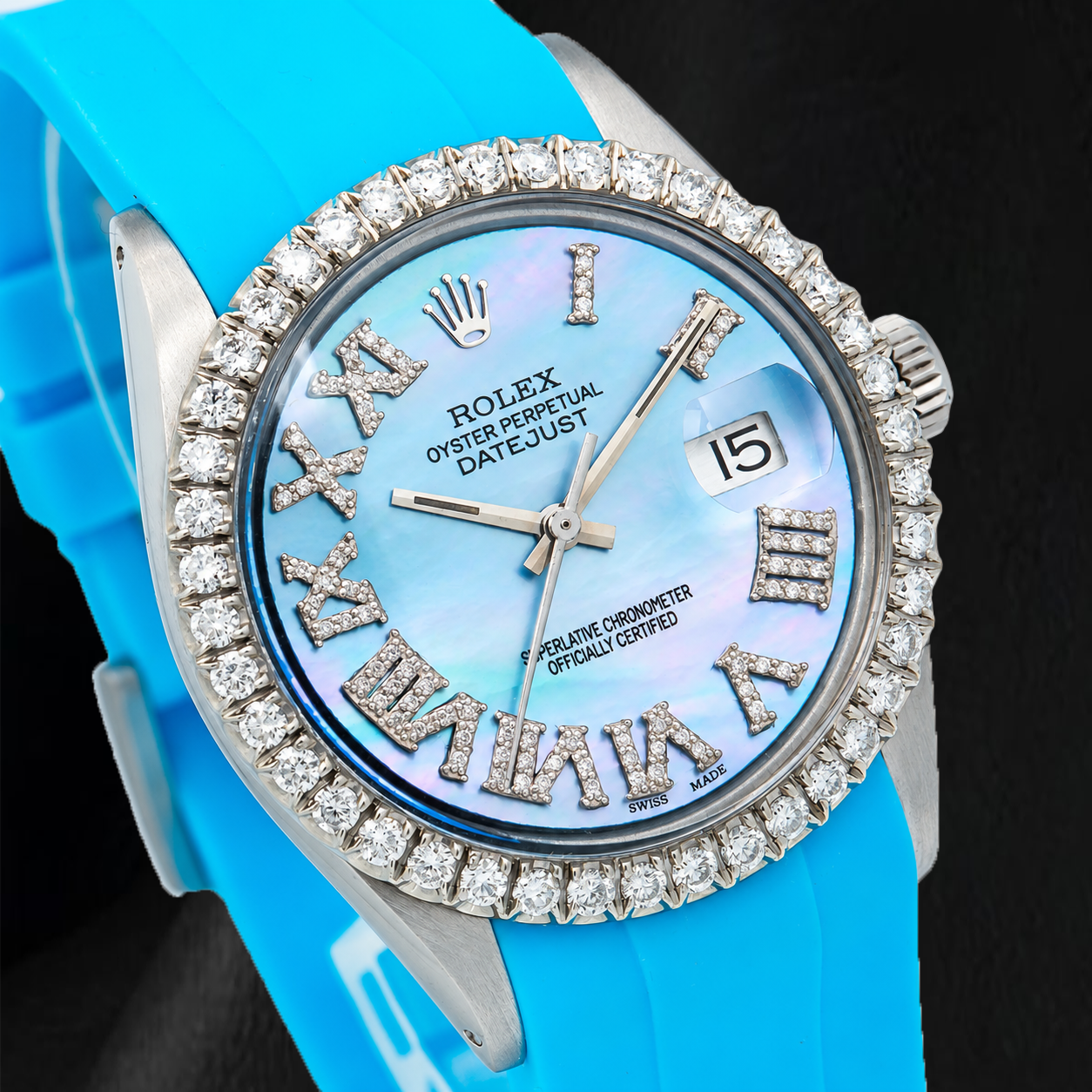 Rolex Datejust 16014 36 mm Uhr mit blauem Perlmutt-Diamantzifferblatt, römischen Ziffern und Kautschukarmband