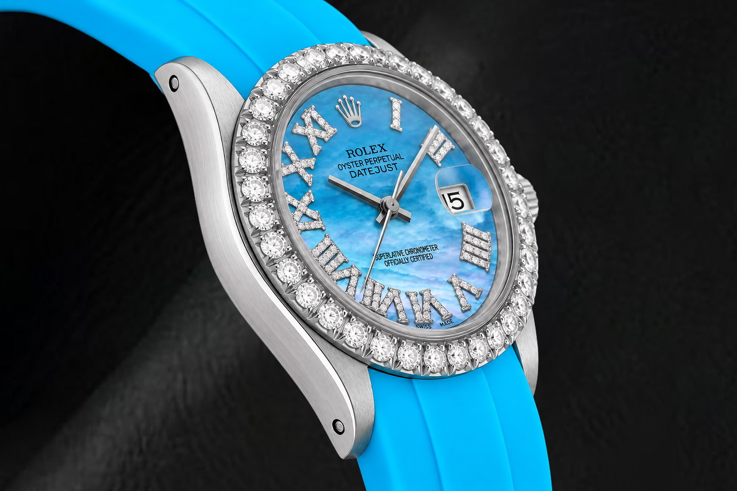 Rolex Datejust 16014 36 mm Uhr mit blauem Perlmutt-Diamantzifferblatt, römischen Ziffern und Kautschukarmband
