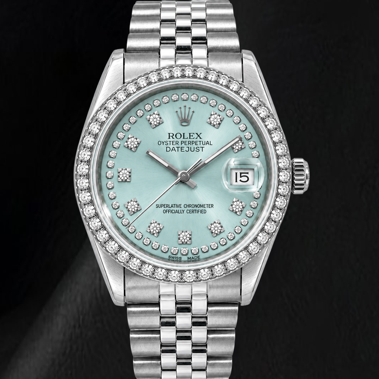 Rolex Datejust 16014 36 mm Edelstahluhr mit eisblauem Diamantzifferblatt mit Diamantkranz