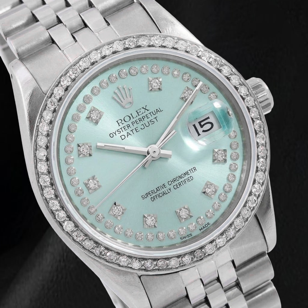 Rolex Datejust 16014 36 mm Edelstahluhr mit eisblauem Diamantzifferblatt mit Diamantkranz