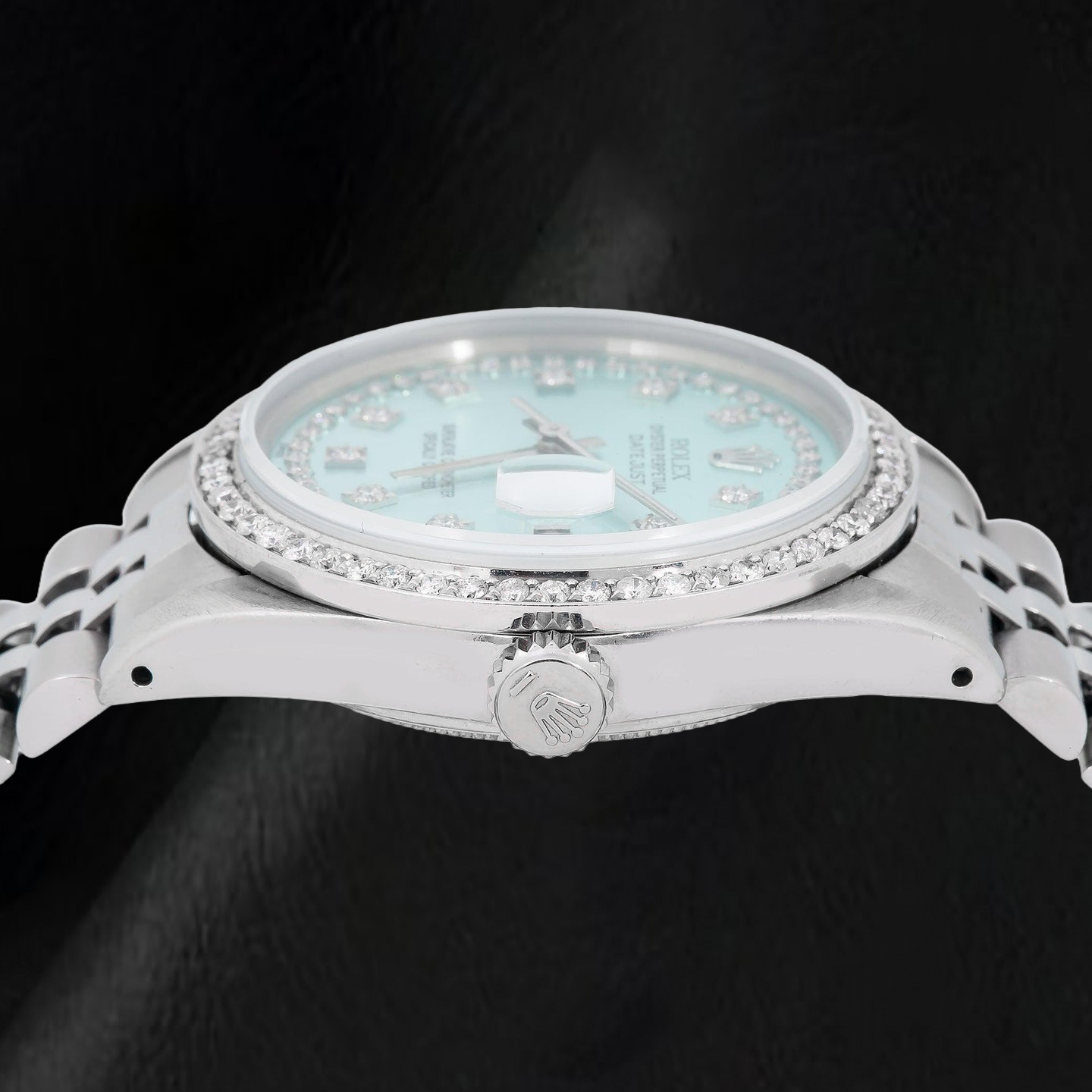 Rolex Datejust 16014 36 mm Edelstahluhr mit eisblauem Diamantzifferblatt mit Diamantkranz