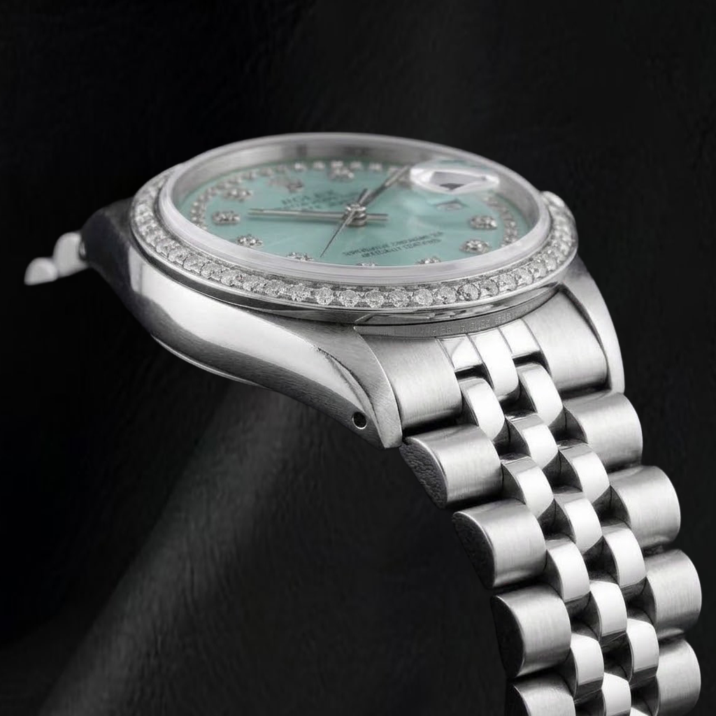 Rolex Datejust 16014 36 mm Edelstahluhr mit eisblauem Diamantzifferblatt mit Diamantkranz