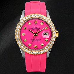 Rolex Datejust 16014 36 mm Armbanduhr mit rosa Diamantzifferblatt, Diamantlünette und rosa Kautschukarmband