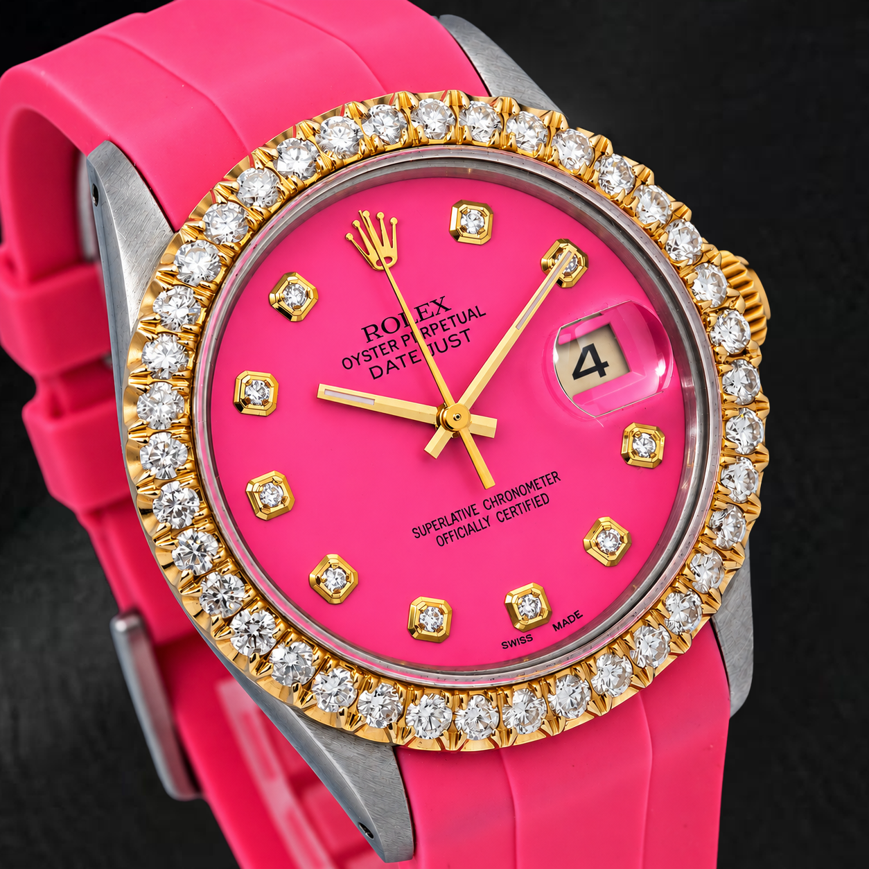 Rolex Datejust 16014 36 mm Armbanduhr mit rosa Diamantzifferblatt, Diamantlünette und rosa Kautschukarmband