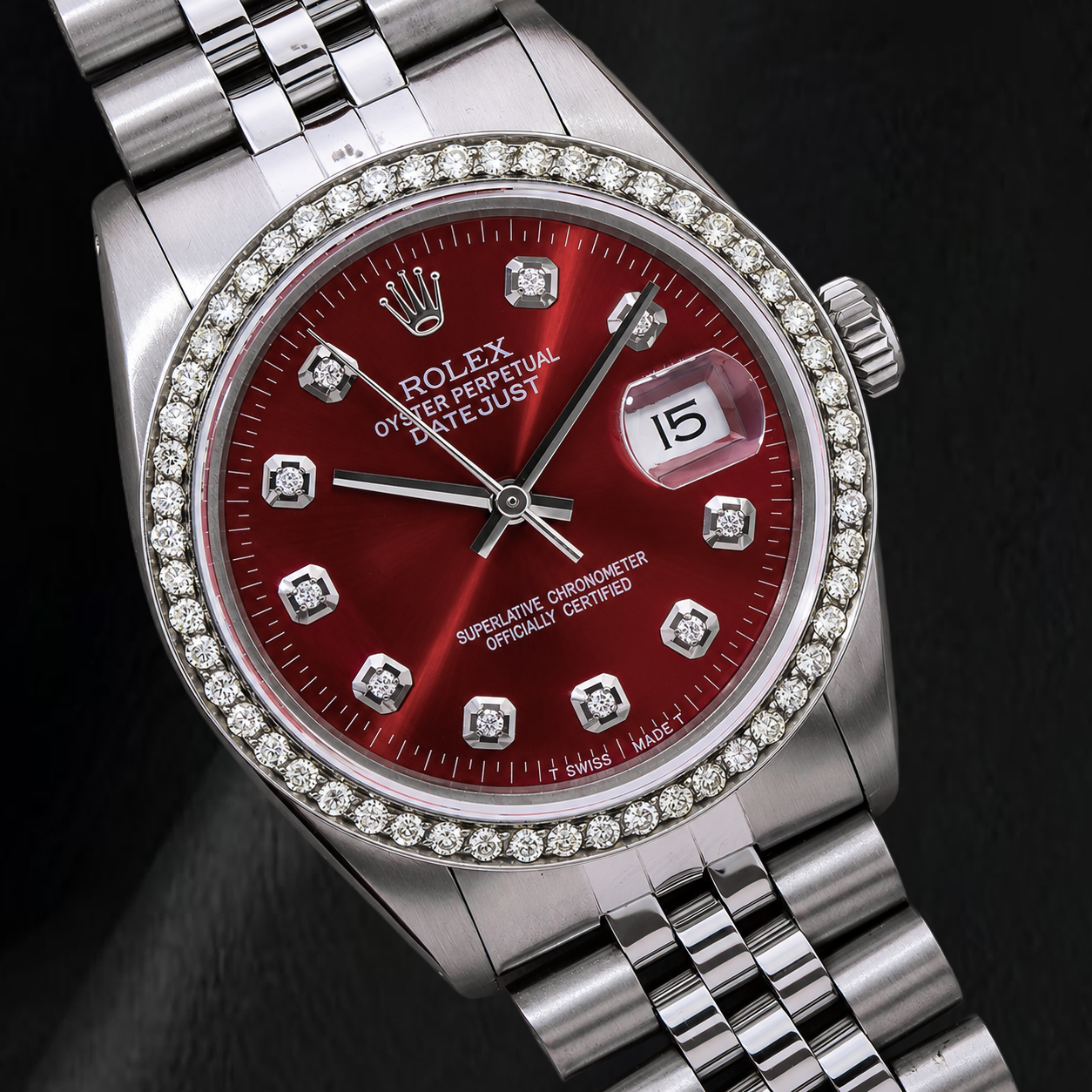 Rolex Datejust 16014 36 mm Edelstahluhr mit rotem Diamantzifferblatt