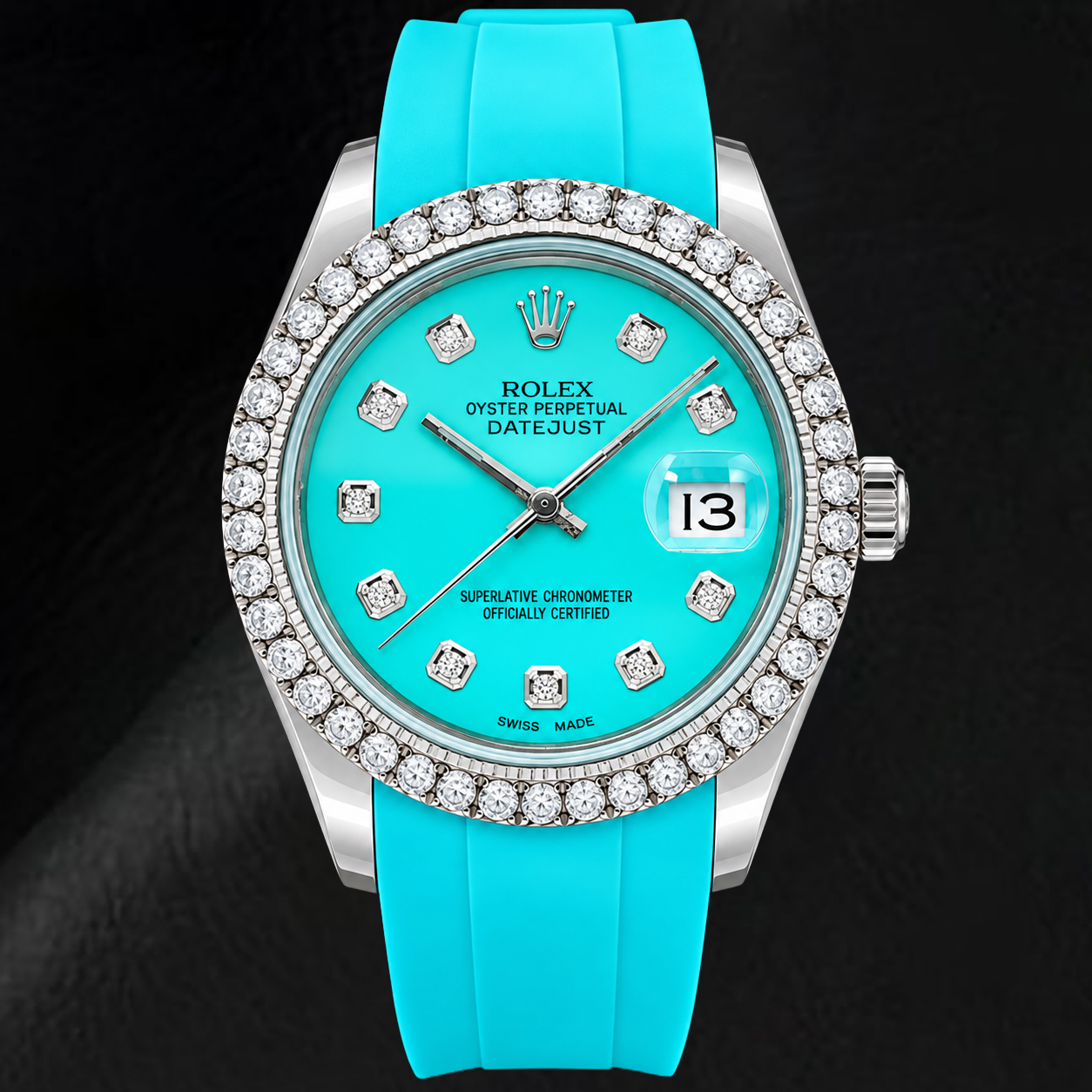 Rolex Datejust 16014 36 mm Türkisfarbenes Diamantzifferblatt Blaues Kautschukarmband Uhr