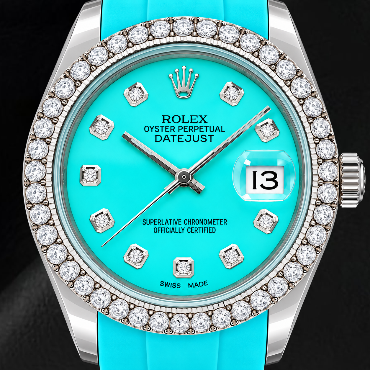 Rolex Datejust 16014 36 mm Türkisfarbenes Diamantzifferblatt Blaues Kautschukarmband Uhr