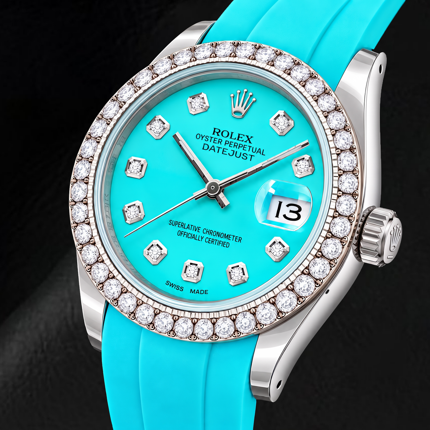 Rolex Datejust 16014 36 mm Türkisfarbenes Diamantzifferblatt Blaues Kautschukarmband Uhr